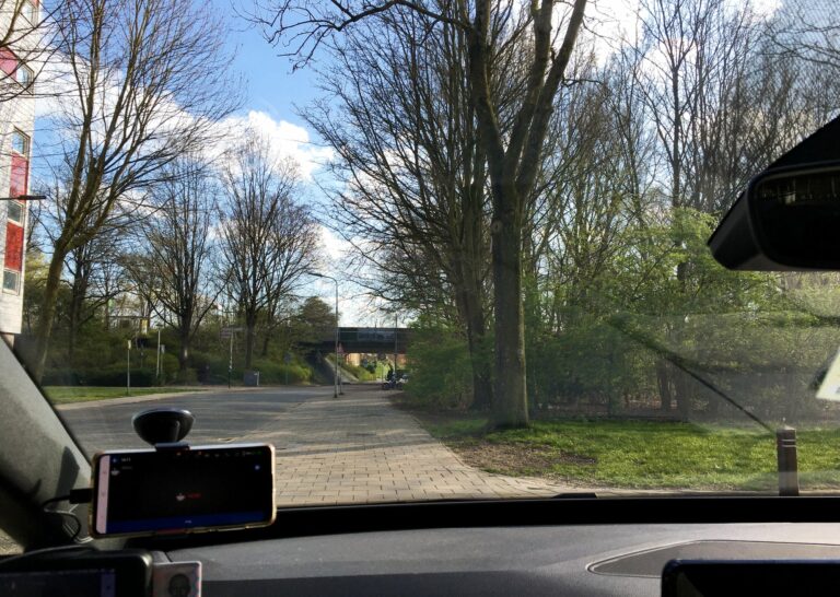 Uitzicht vanuit de voorruit van een auto aan de kant van de weg. De weg loopt naar een klein viaduct omgeven door grote bomen die net een beetje groen beginnen te worden.