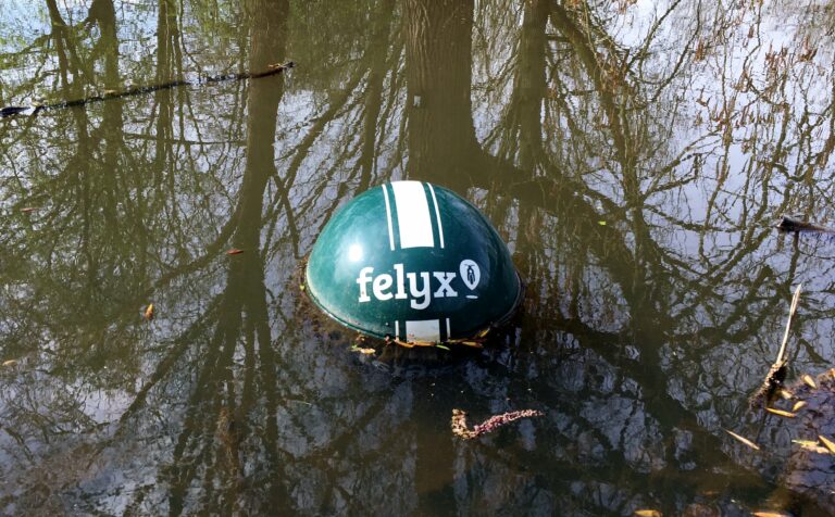 Een Felix brommerhelm in het water met de reflectie van bomen.