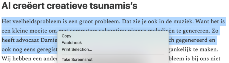 Een illustratie van een factcheck optie die onder de mogelijkheid staat om een geselecteerde tekst te kopiëren.