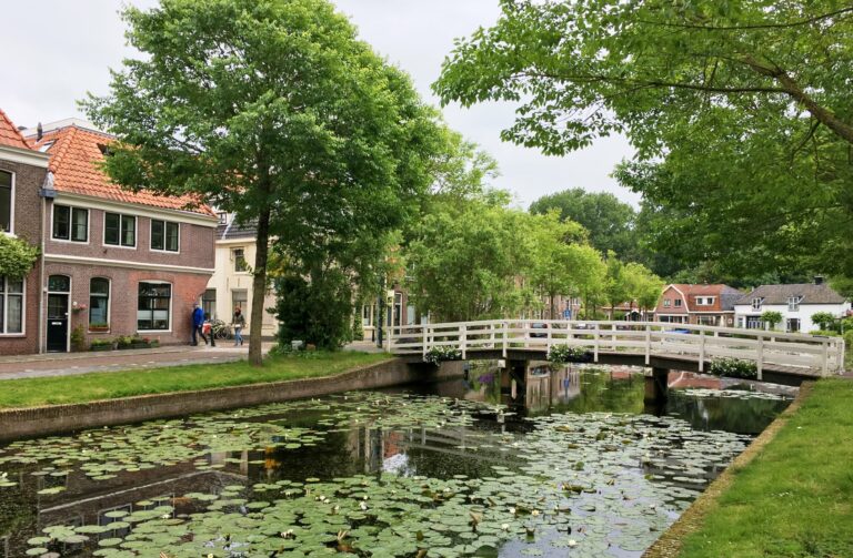 Foto van een gracht in Weesp met waterlelies, een witte houten brug en 19e eeuwse huizen er omheen. En wat fijn groen + bomen