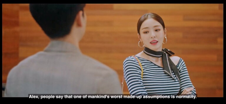 Videostill van een koreaanse serie genaamd: Search: WWW. "Met als onderschrift: "Alex, people say that one of mankind's worst made-up assumptions is normality".