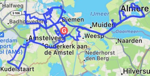 Tekening van mijn route van de dag op een kaart