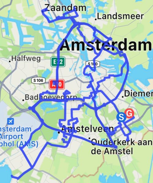 Tekening van mijn route van de dag op een kaart