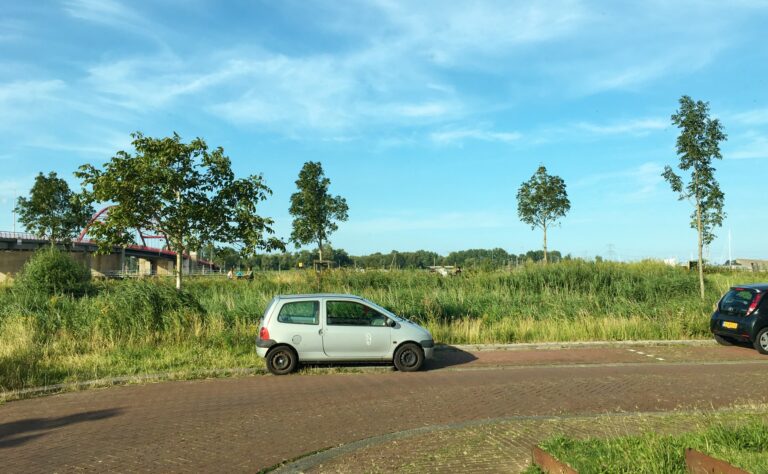 Een mooie blauwe lucht met wat uitgewaaide wolken. Links een brug over 't IJ. beetje verscholen achter 5 jaar oude bomen. Een begroeide oeverwal en daarvoor twee geparkeerde auto's en een weg die links de hoek om gaat.