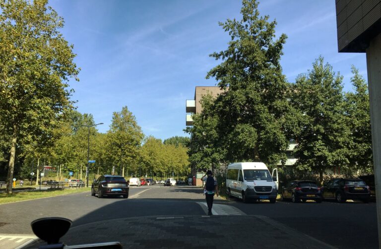 Een mooie zonnige dag met blauwe lucht en de bomen vol in het groene blad. Ik sta in de schaduw van een gebouw voor me loopt iemand van me weg. De weg loopt door met bomen erlangs. Achter de bomen nog wat stukjes gebouw zichtbaar. Ervoor wat geparkeerde auto's