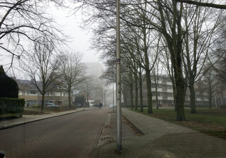 Uitzicht vanuit mijn autoraam van een rechte lege straat die in de horizon verdwijnt. In de verte nog wat wandelaars die net oversteken. Rechts van de weg klassieke rijtjeshuizen uit de jaren 70 en links 5 verdiepingen flatgebouwen uit hetzelfde bouwjaar. Tussen de flats wat groen en bomen die waarschijnlijk bij aanbouw aangepland zijn nu ook zo'n 50+ jaar oud zijn.  