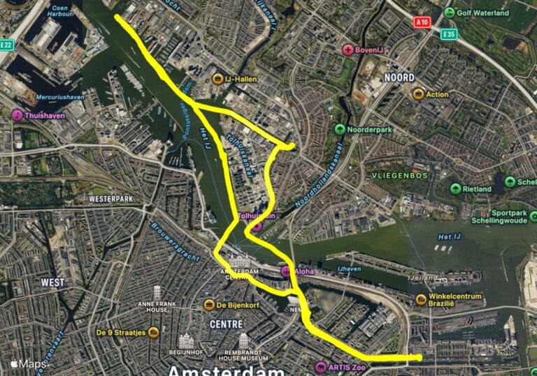 Een kaart met daarop de kajak route van 20 maart 2025.