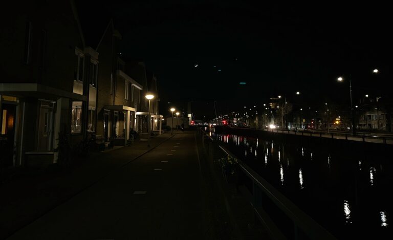 stadsgezicht met de lichten van de straatverlichting en de woningen met daar in het midden in de zwarte hemel de sikkelmaan.