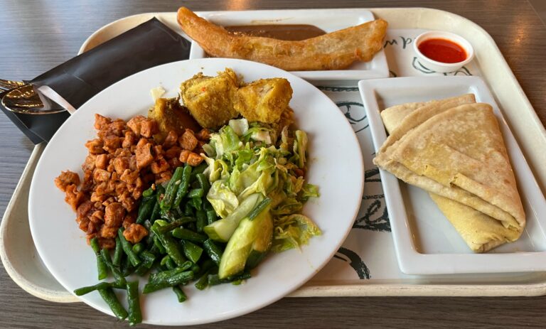 Roti vega. Rond bord met kool, aardappelen, boontjes en kousenband, en tempé. Bordje bakabana met pindasaus. Roti natuurlijk en een klein potje rode (bleek later) zeer pittige saus.