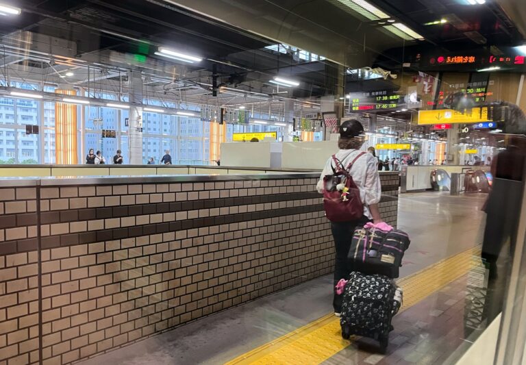 Een foto vanuit de trein van perron 9 van Sapporo treinstation in Japan. Je ziet een een vrouw met een koffer op wieltjes en rugzak weglopen. Op de achtergrond allemaal verlichte informatieborden gespiegeld door glas van de raam van de trein