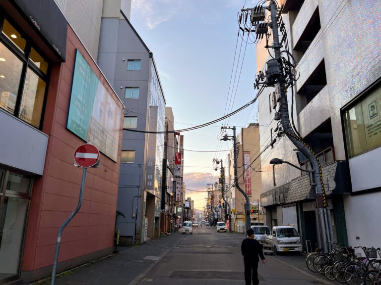 Een straat met rechts grote elektriciteitspalen met veel kabels en kastjes erop. Ze buigen naar de straat toe vanaf 3 meter of zo. Het veel kleinere stopbord links is ook gebogen naar de straat toe.