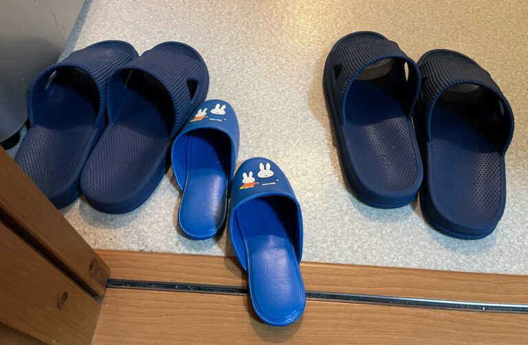 De bluawe sloffen bij de badkamer en er is ook een nijntje versie voor de kleineren onder ons. En die staan tussen de grote in. Mooi beschermd.