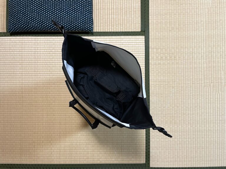 De tas in de fietstas van bovenaf gefotografeerd, Het past echt net.