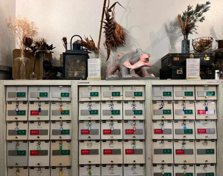 ouderwetse kast waar nu schoenen in worden gestald bij de loby van het huis. Maar daarop weer allemaal eigenzinnige beelden en spullen