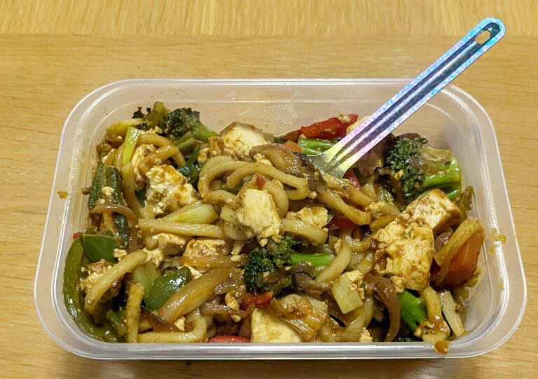 Het gewoikte eten in een tuperware bakje. Borden waren niet te vinden of te klein.