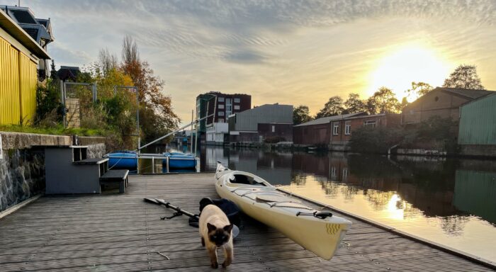 De witte kajak op de steiger vlak voor vertrek. De zon kleurt de lucht nog oranje en naast de kajak loop een mooie kater met blauwe ogen naar de camera toe